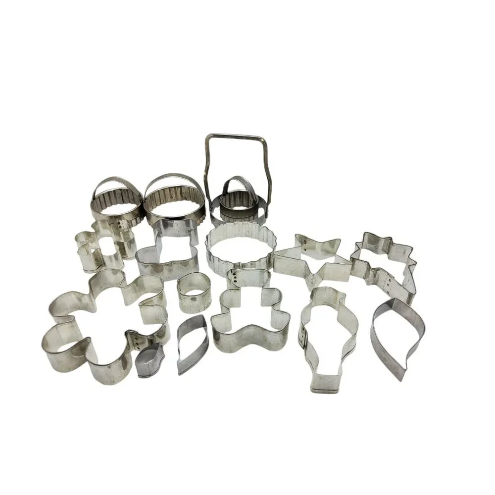 vintage set of 16 aluminum regular, holiday cookie cutters
